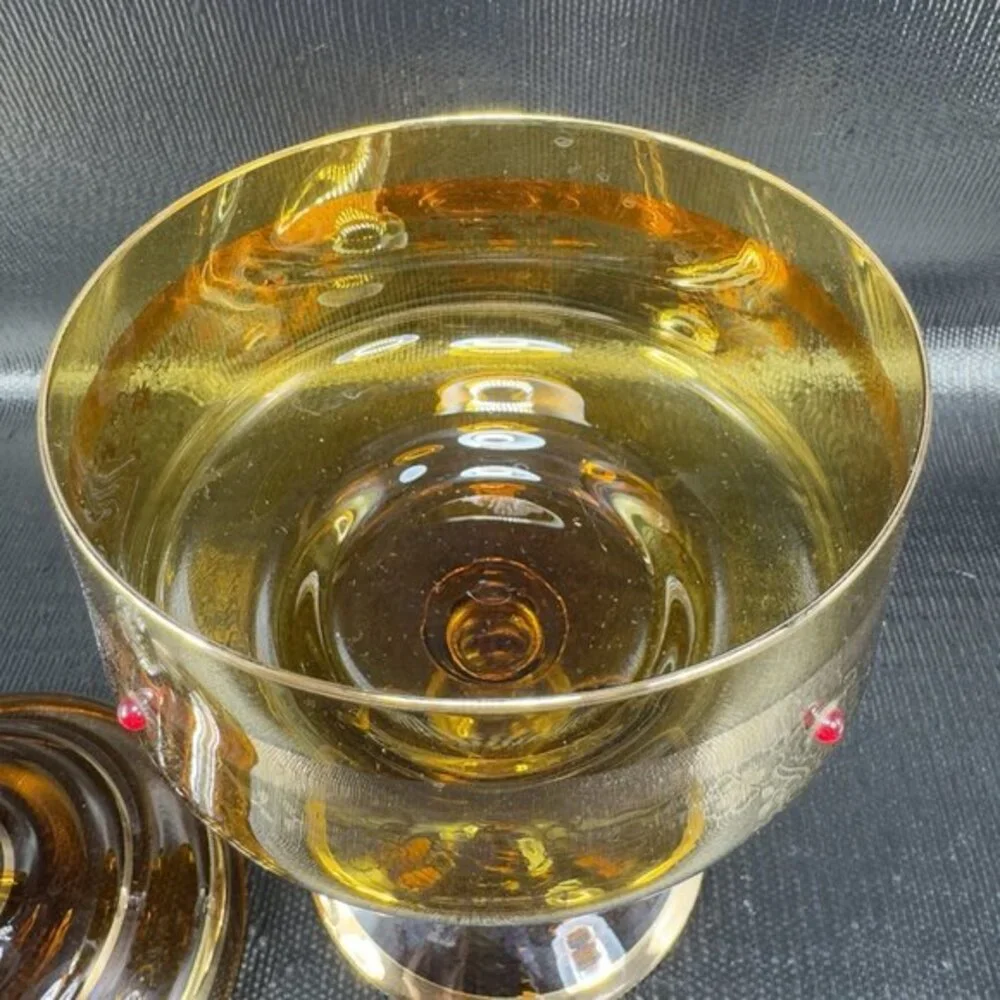 1980s Venetian Art Glass Tall Footed Dish Container Candy Dish Jar Amber Jeweled